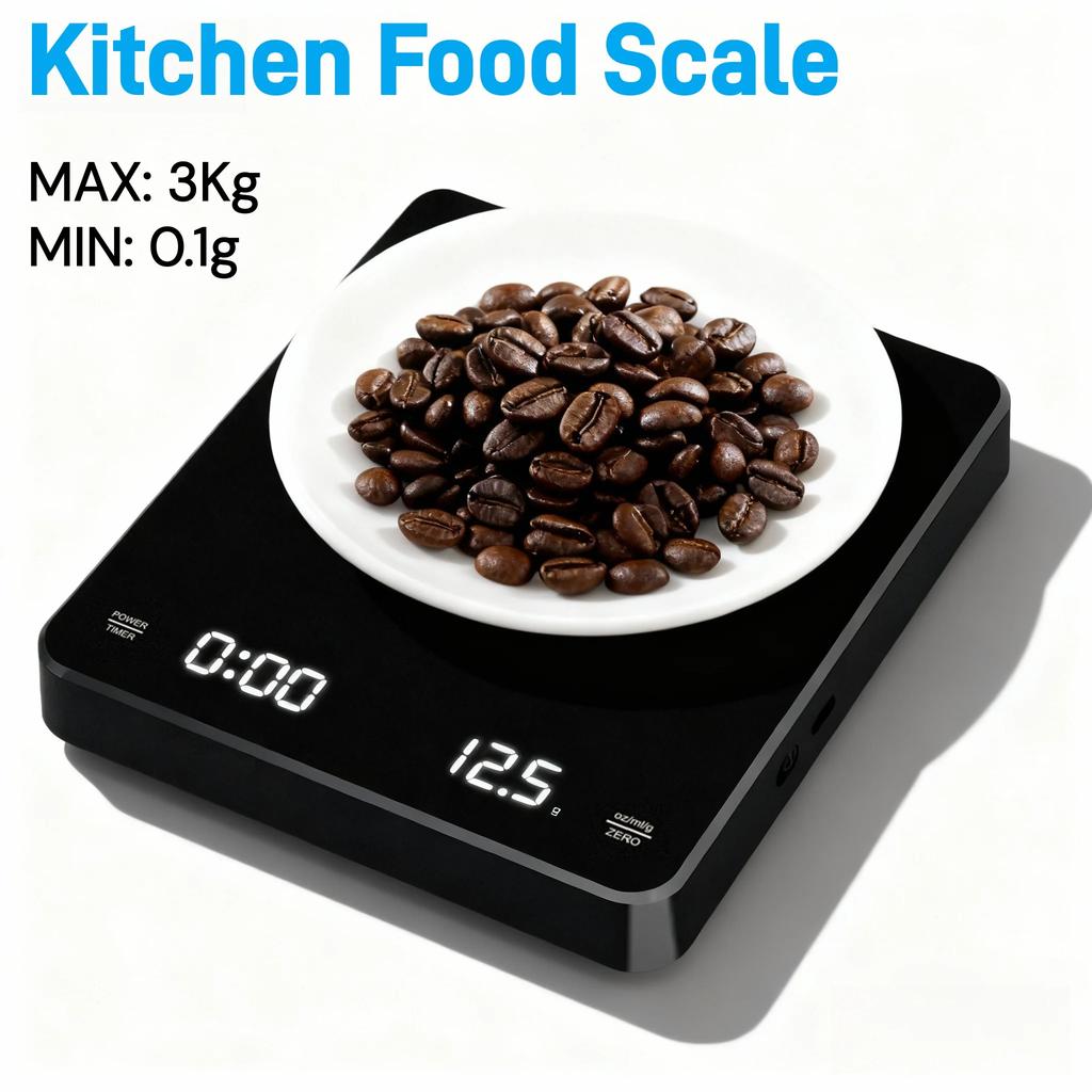High Precision 0.1g Coffee Scale with Timer, 3kg Max Capacity Espresso Scale for Water To Coffee Ratio Digital Kitchen Scale