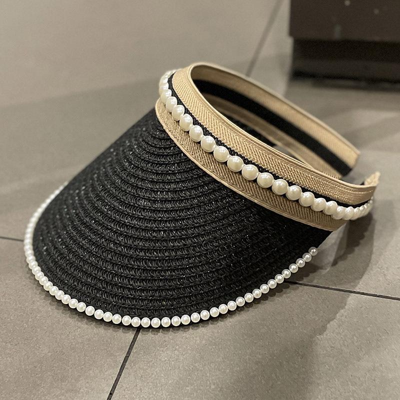 Women Straw Visor Hat With Pearl Decoration Breathable Sun Protection Headband For Spring Summer Travel And Daily Wear