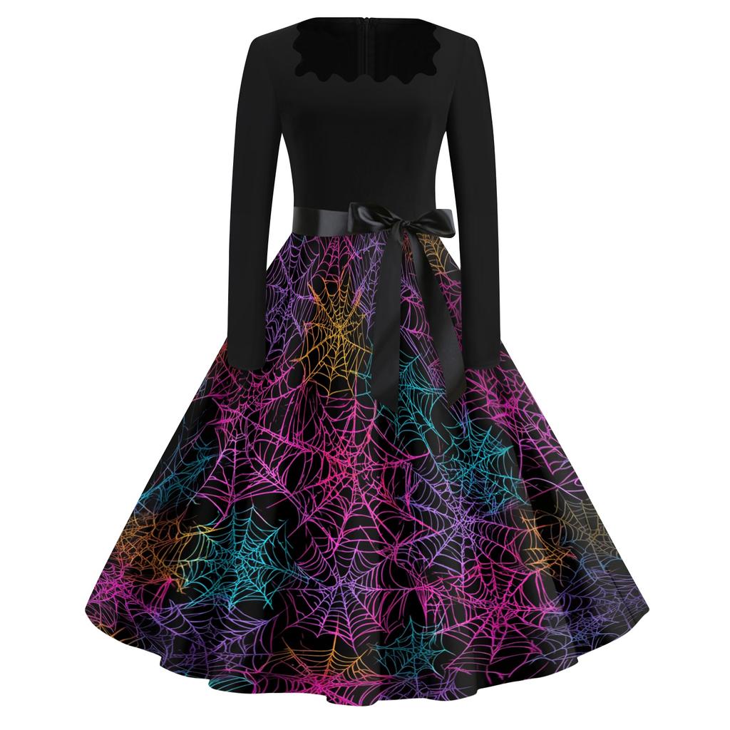 Women's Vintage Square Neck Casual Dress with Halloween Print for Fall Occasions