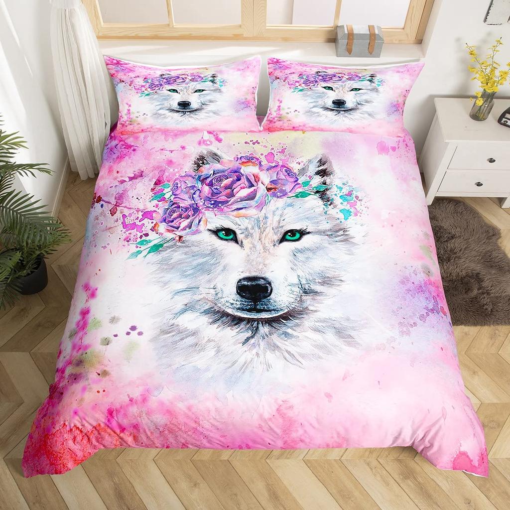 Kids Wolf Comforter Cover Full Queen Size Botanical Floral Bedding Set Wild Animal Duvet Cover Plant Flower Bedspread Cover