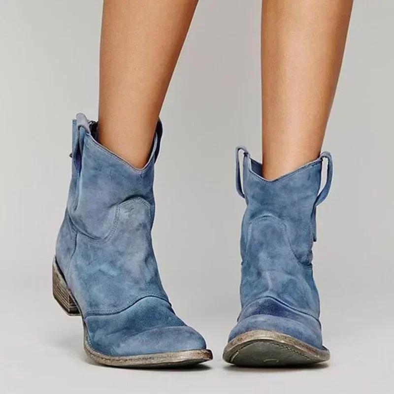 Vintage Cowboy Ankle Boots for Women Pointed Toe Low Heels  Female Autumn Winter Slip On PU Leather Booties 2024