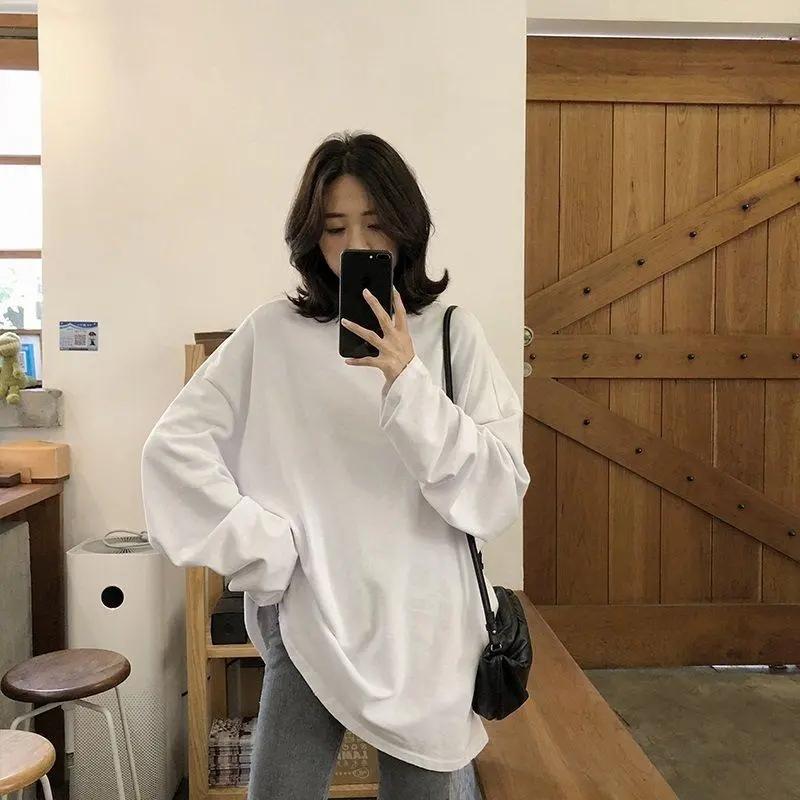 WTEMPO Spring Autumn Solid Simple O-Neck T-Shirts Harajuku Long Tops Women Casual White Yellow Long Sleeve Kawaii Tops