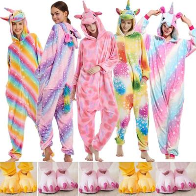 Tier Einhorn Onesies Kigurumi Pyjamas Set Erwachsene Unisex Kostüm Nachtwäsche Kinder Winter Anzug mit Schuhen