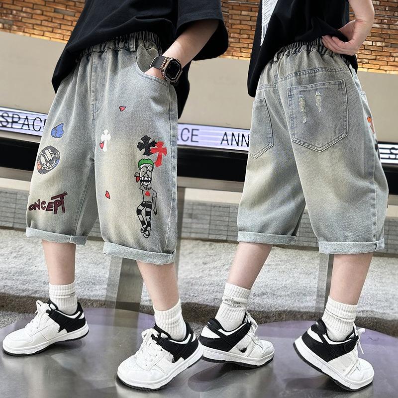 Kids Boys Graffiti Drawing Denim Shorts Elegant Children Casual Ripped Short Jeans Capris Pants