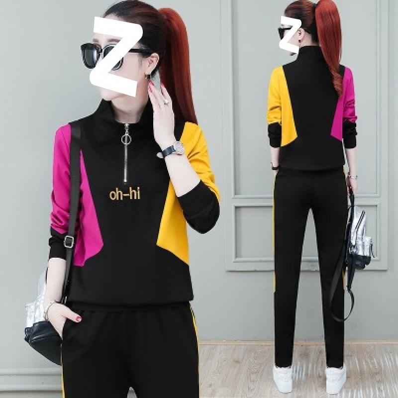 Casual Sportswear Set for Women - Spring/autumn Korean Version. Loose Stand-up Collar, Half-zip Design. Stylish Patchwork Hoodie Set of Two Pieces.