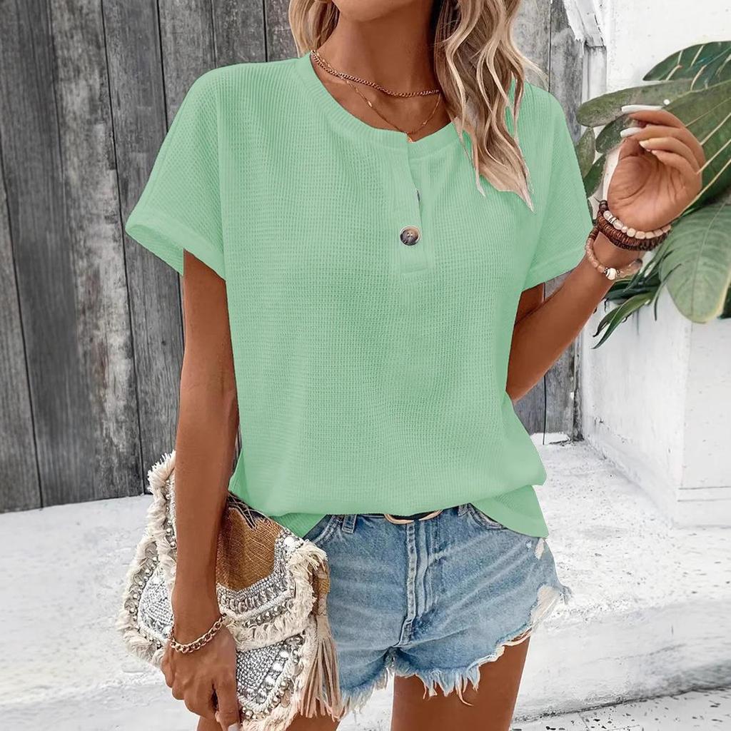 Frühling/Sommer 2025 Damen Plus Size Knopf Kurzarm T-Shirt - Europäischer/Amerikanischer Stil, Einfarbige Mode