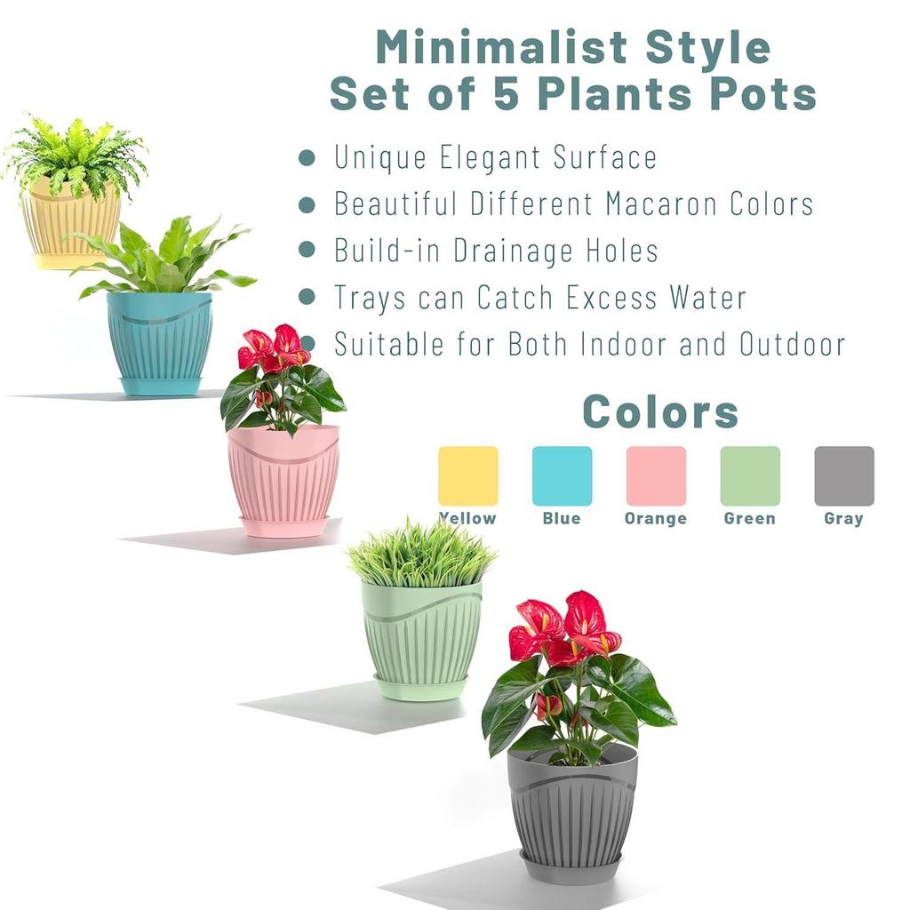 (Pack of 5) 6 Inch Premium Round Plastic Flower Pots with Tray for Home Planters, Terrace,for Home Indoor & Outdoor Gardening Plants