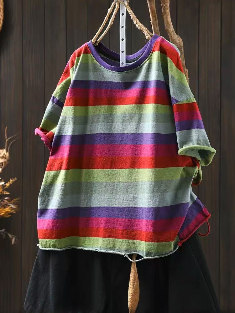 

Johnature Women Vintage Striped T-Shirts O-Neck Short Sleeve Summer Casual Loose Hole Female T-Shirts One Size