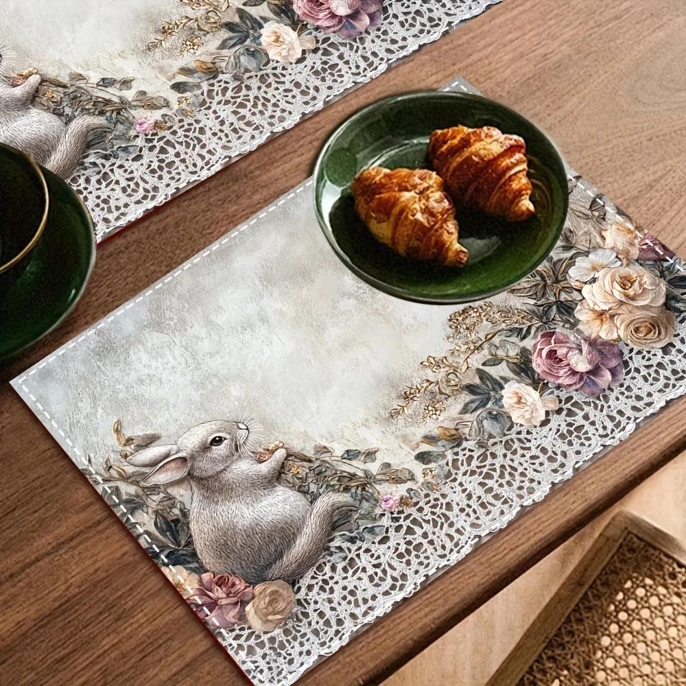 1PC Rabbit Pattern Placemats - Elegant Linen Dining Mats With Floral And Lace Design 1PC 30X45cm
