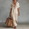 Sommer Baumwoll-Leinen Maxikleid für Damen Lässig V-Ausschnitt Kurzarm Fließendes Strand-Sonnenkleid Bestickte Tunika Langes Kleid mit Tasche