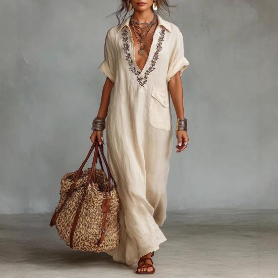 Sommer Baumwoll-Leinen Maxikleid für Damen Lässig V-Ausschnitt Kurzarm Fließendes Strand-Sonnenkleid Bestickte Tunika Langes Kleid mit Tasche
