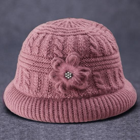 Round Dome Faux Rabbit Wool Plush Lining Windproof Solid Color Knitting Hat Old People Autumn Elegant Flower Decor Basin Cap Fashion Accessories