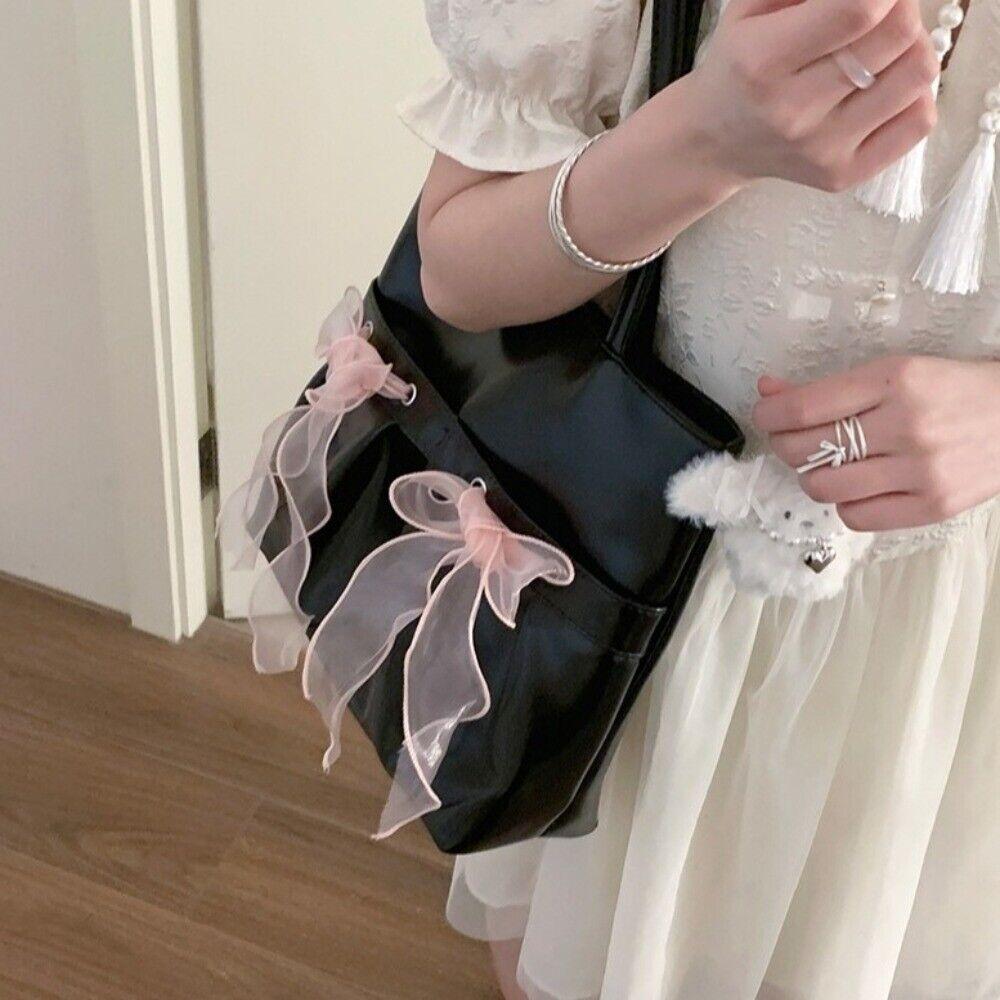 Fashion Solid Color Lace Bow Tote Bag Large Capacity Temperament Underarm Shoulder Bag Popular Trendy Commuting Bag Ladies