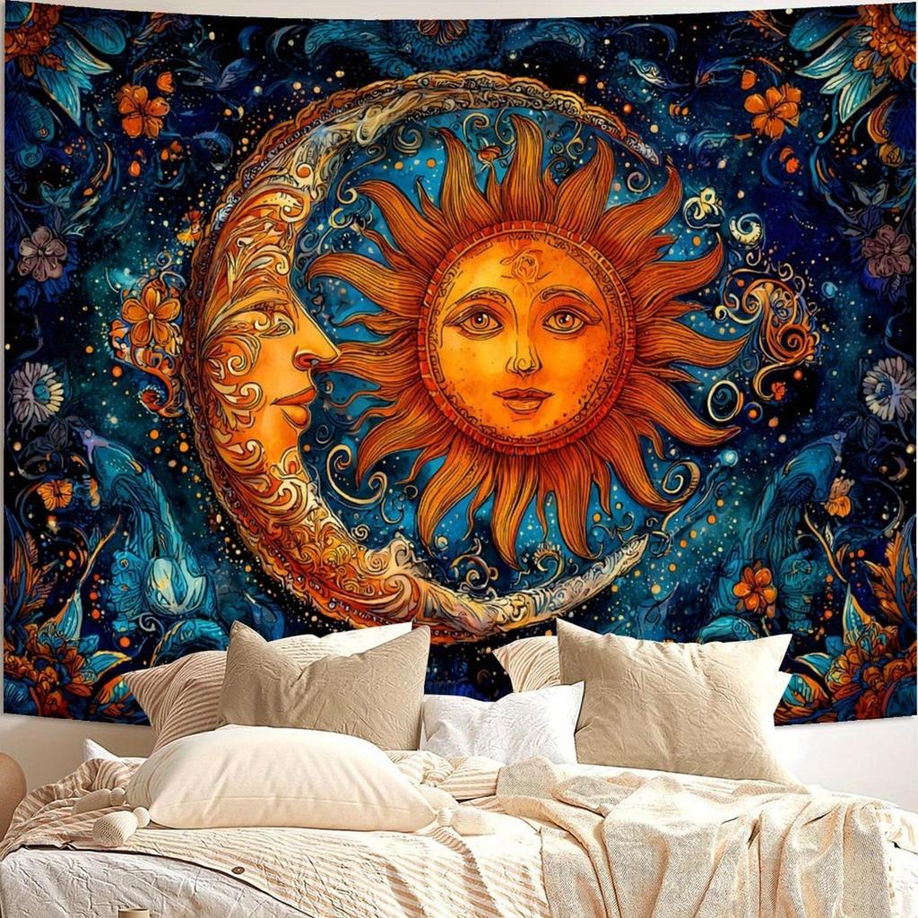 1pc Starry Sun and Moon Tapestry, Polyester Fabric, Machine Washable, Suitable for Bedroom and Living Room Decoration