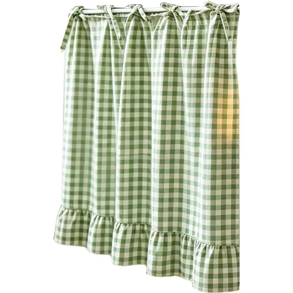 Ruffled Edge Farmhouse Plaid Kitchen Oven Skirt Cotton Privacy Partition Curtain  Porch