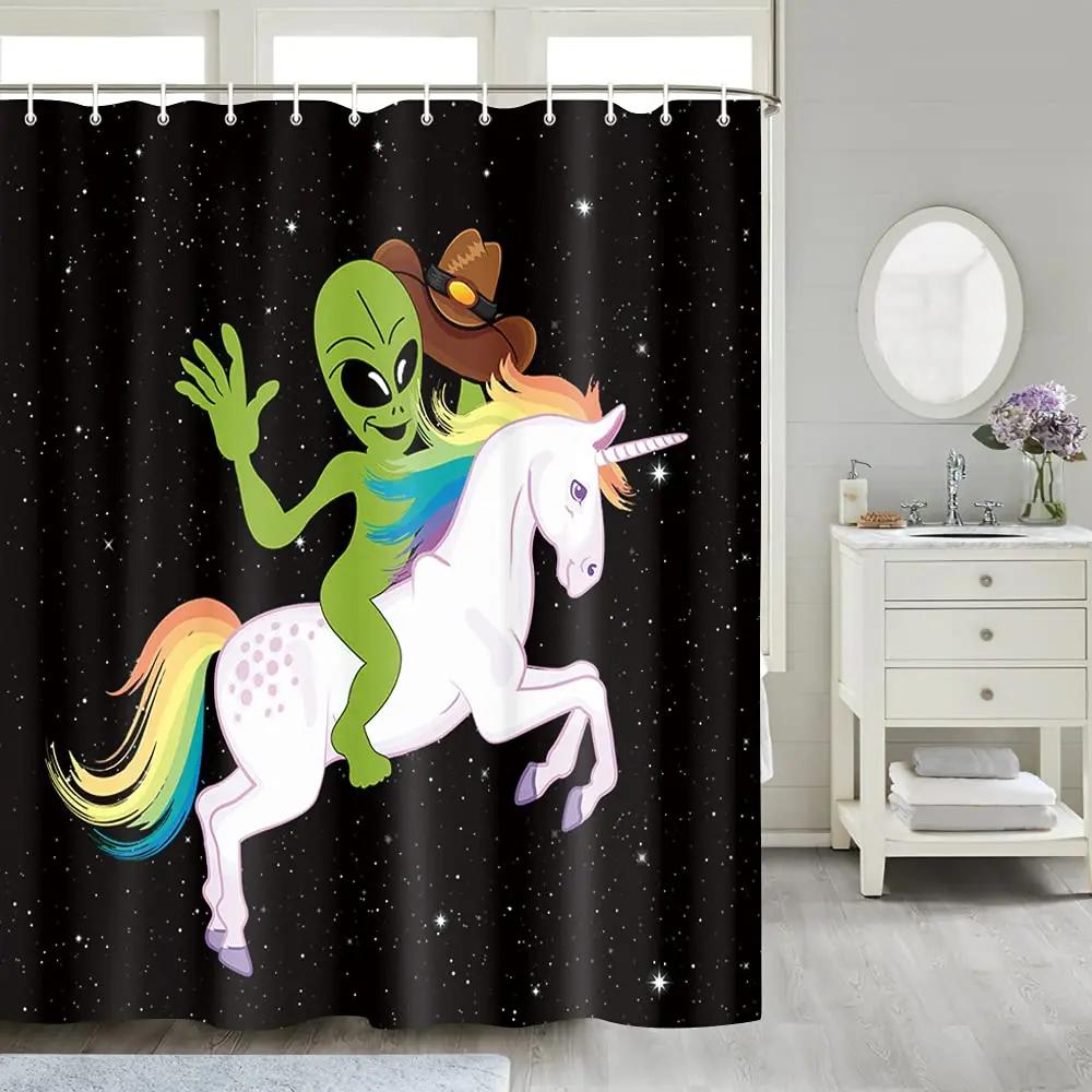 Cool Cat Duschvorhang-Set Man Cave Badezimmerdeko Fantastischer Held Einhorn Spuckt Feuer Blaues Polyestergewebe 12 Haken enthalten