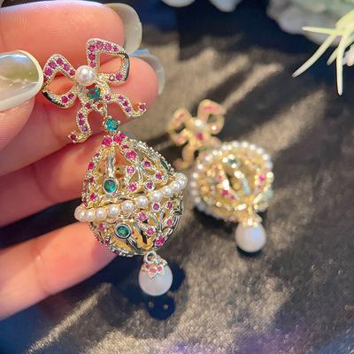 French Bow Lantern Earrings Women'S Pearl Water Drop Personalized Earrings Light Luxury Hollow Three-Dimensional Earrings
