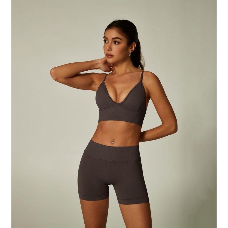 Womens Seamless Yoga Set With Deep V Sports Bra High-Waisted Legging Shorts Breathable Nylon Spandex Workout Outfit
