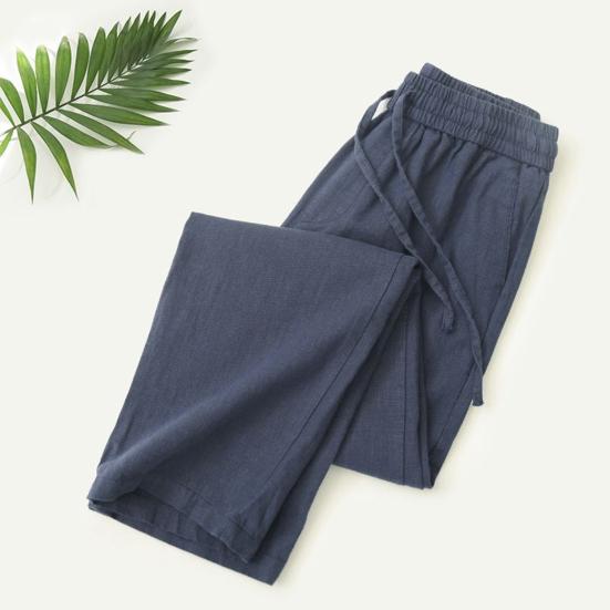 Men Long Pants Adjustable Drawstring Elastic Waist Casual Trousers with Pockets