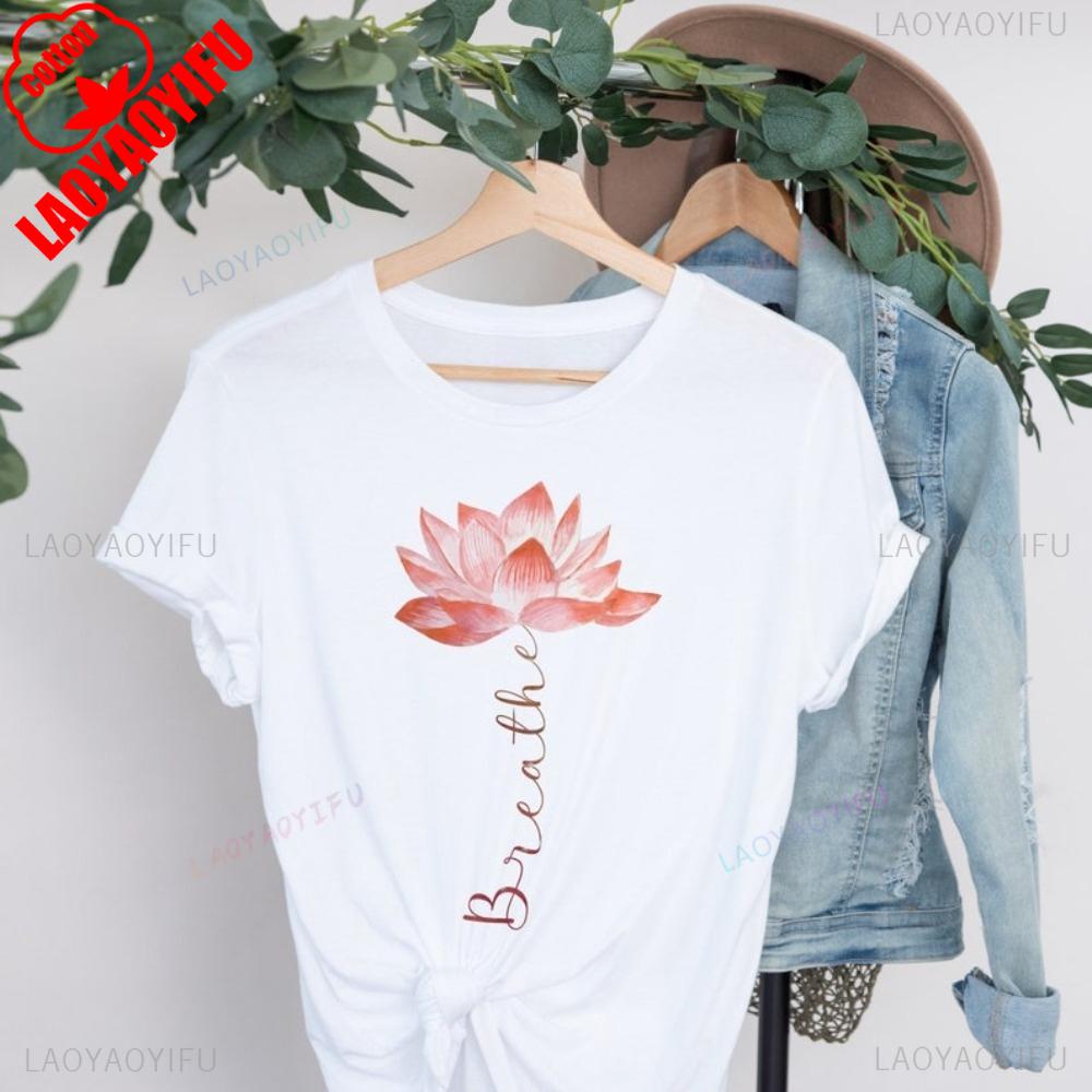 

Ladies Tshirt with Lotus Pattern Yoga Enthusiasts Meditate Short Sleeved Women Casual Summer Crewneck Cotton Tee Tops S