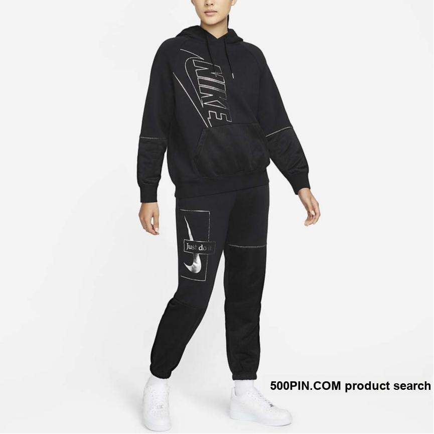 Nike Icon Knitted Spliced Warm Hooded Pullover Sweatshirt Women Sweatshirt Black Metallic-Silver DM1741-010