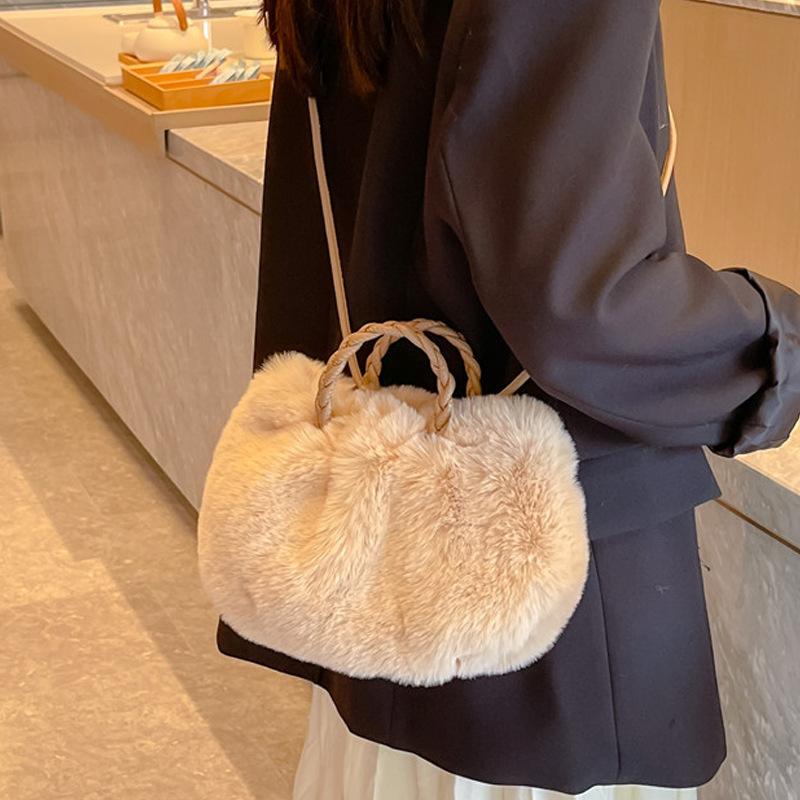 Multi Functional Furry Shoulder Bag Fashionable Women Bucket Handbag Soft Plush Crossbody Bags