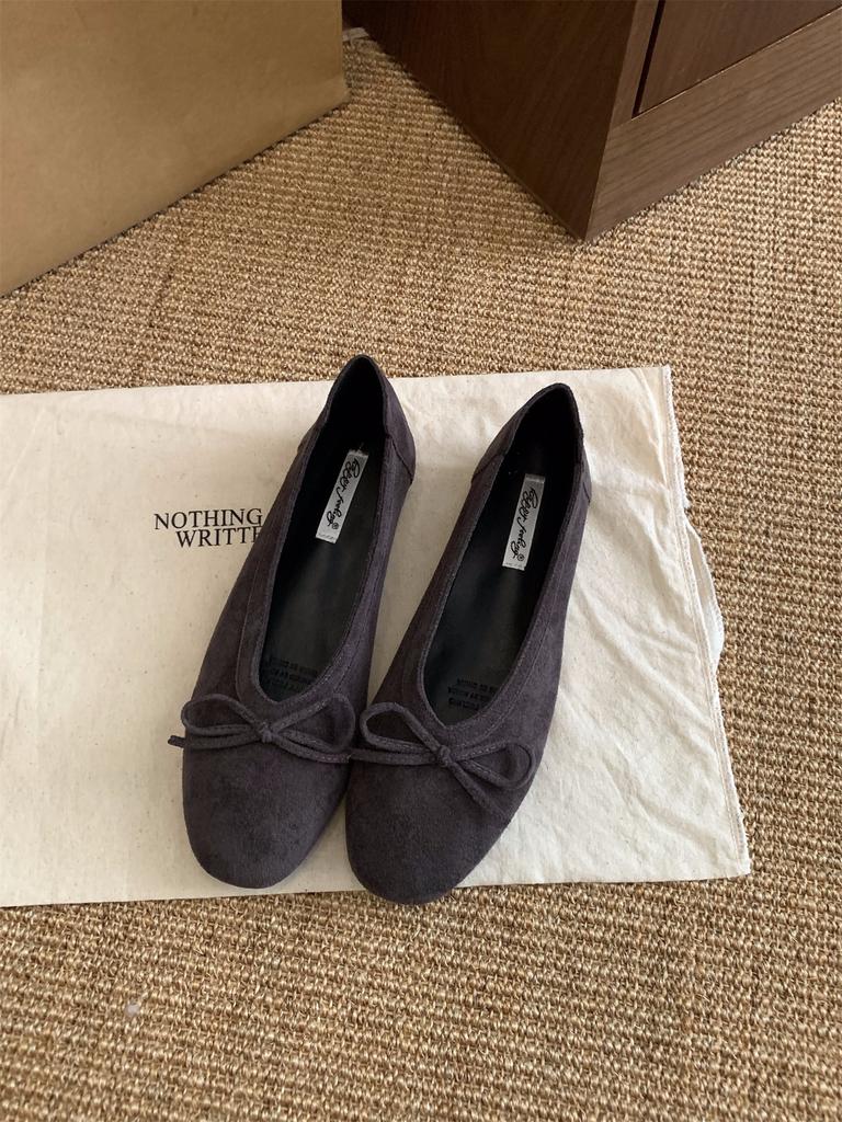 Vintage suede bow black commuter single shoes women's shoes 2025 autumn ballet flat French evening shoes