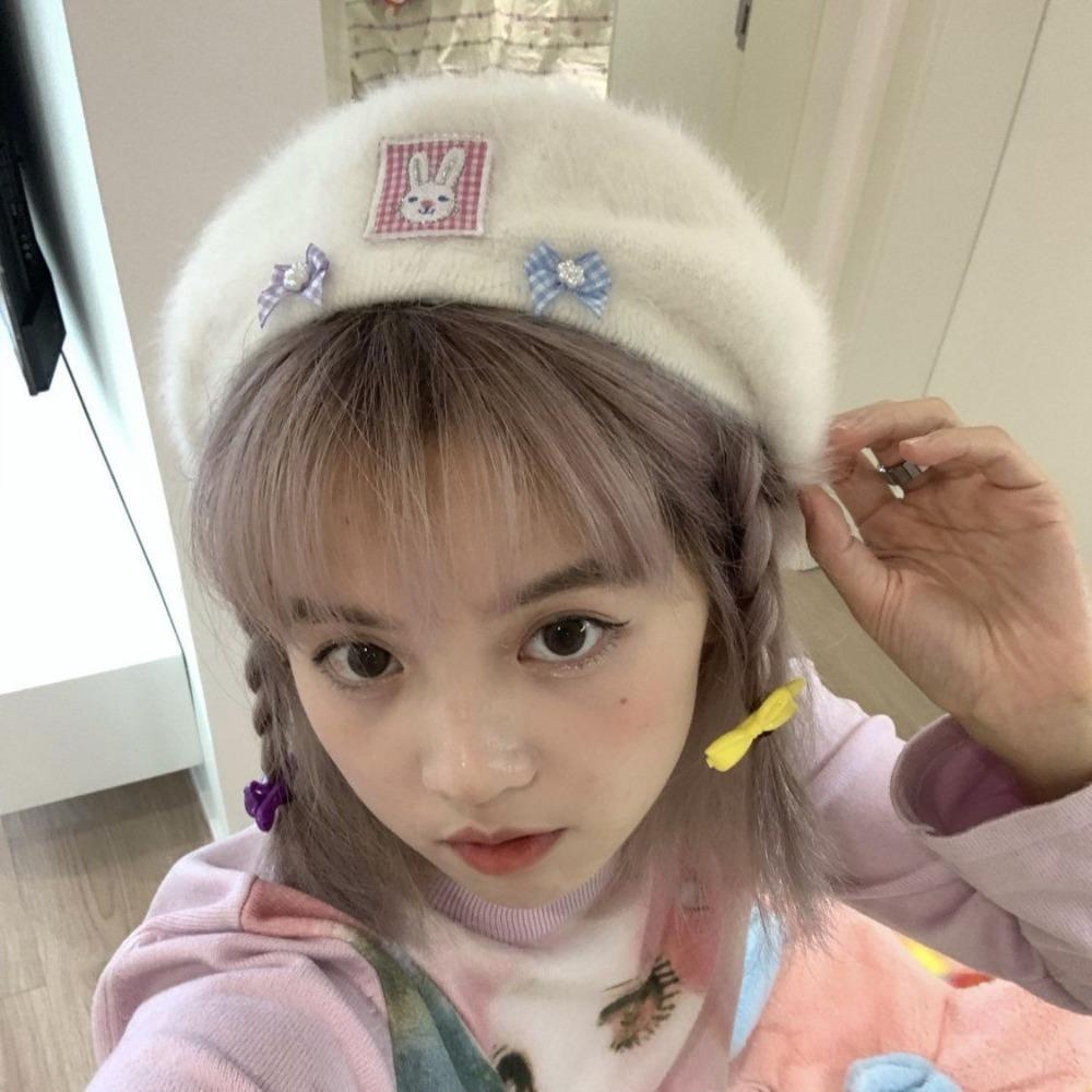 Women’s Hat Sweet and Cute Bowknot Rabbit Fur Plush Beret - Warm Painter Hat for Autumn and Winter
