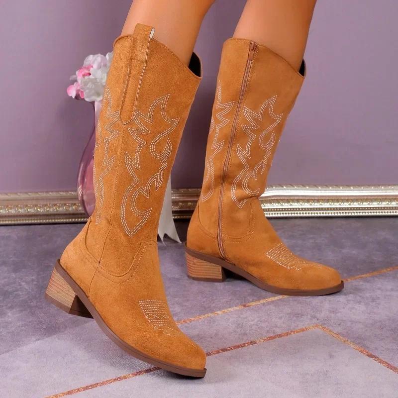 Spring and Autumn Thick Heel V Mouth Show Thin Tall Long Boots Embroidered Retro Western Cowboy Boots Restore Ancient Style
