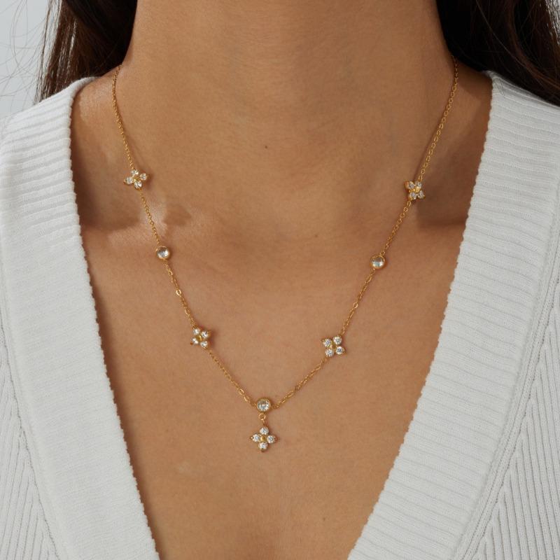 Gold Plated Stainless Steel Four-leaf Flower Crystal Station Necklace for Women