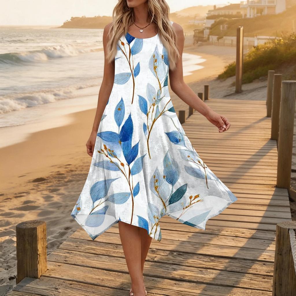 Ärmelloses Sommerkleid mit Blumenprint für Damen, Rundhalsausschnitt, unregelmäßiger Saum, mittellang, leicht, bequem