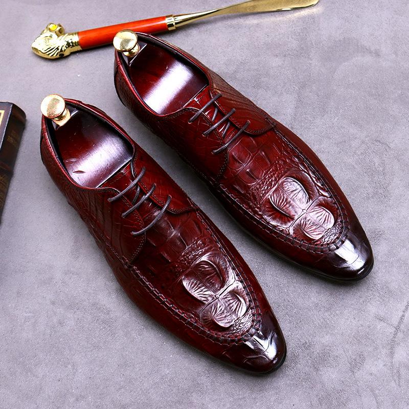 Fashion Men's Business Dress Shoes Genuine Leather Crocodile Pattern Pointed Shoes Male British Casual Leather Shoe Large Size 37-46