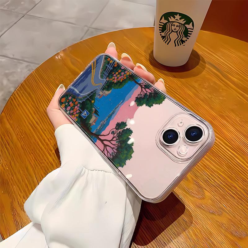Applicable to Apple mobile phone case 15pro animation aesthetic landscape iphone16 transparent case 17 soft silicone 14 all-inclusive