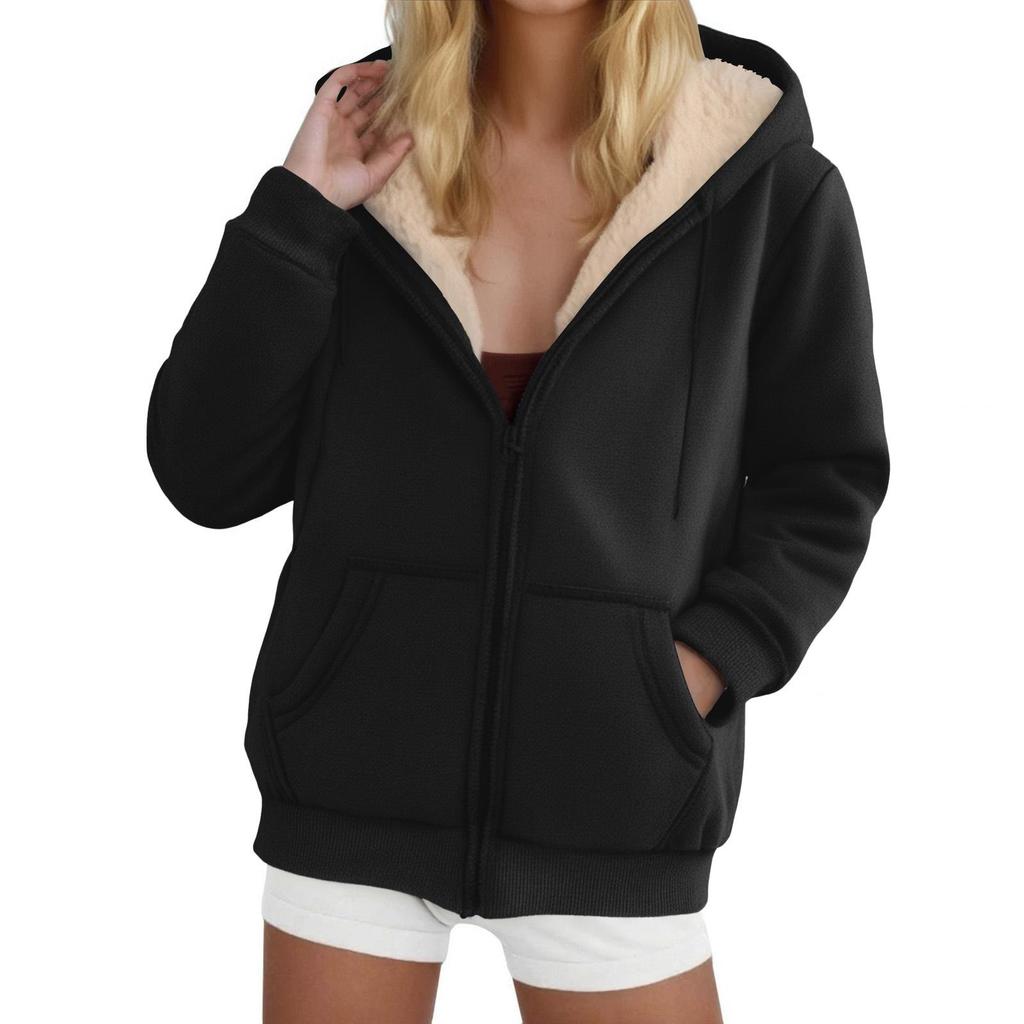 Women's Lambswool Coat Heavyweight Plus Velvet Thick Hoodie Cardigan