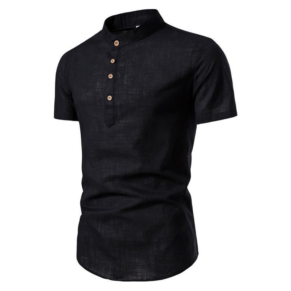 Baumwolle Leinen Herren Kragen Knopf Langarm Tops Sommer Grandad Shirt Bluse T-Shirt