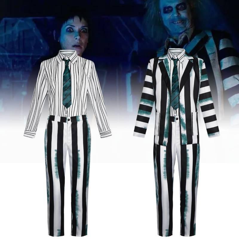 Snygg Beetlejuice Cosplay-dräkt med gröna, svarta och vita ränder Mjukt tyg
