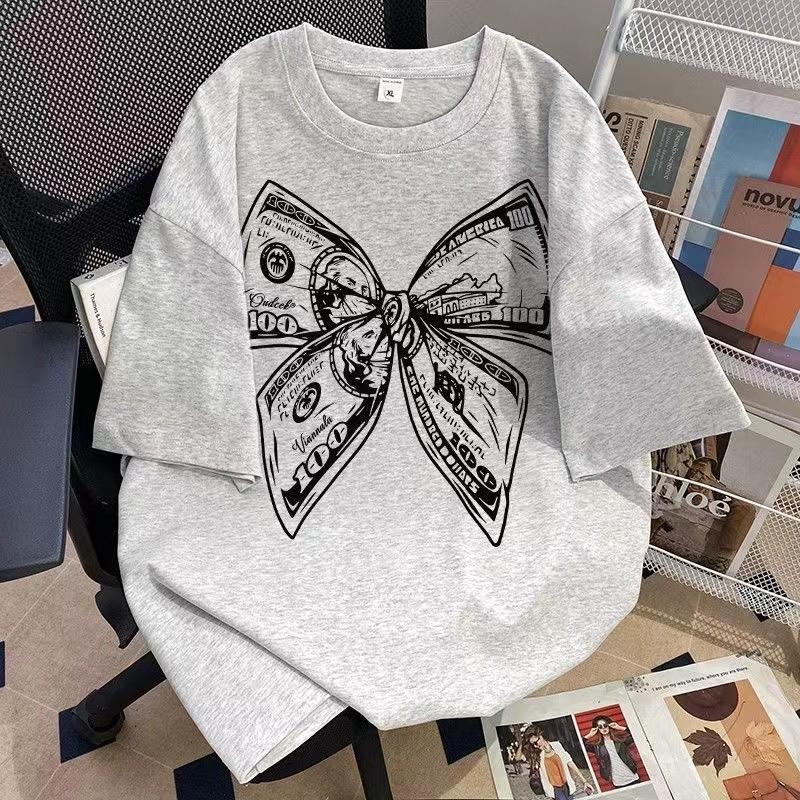 Summer Fashion Trendy Bow Printing Round Neck T-shirt Short Sleeve Large Size Universal Top for Men and Women