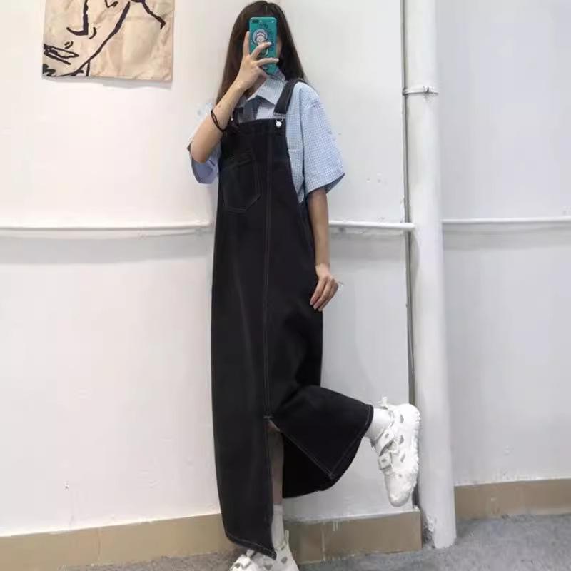 Autumn Women's Retro Loose-Fit Denim Overall Dress with Irregular Slit
