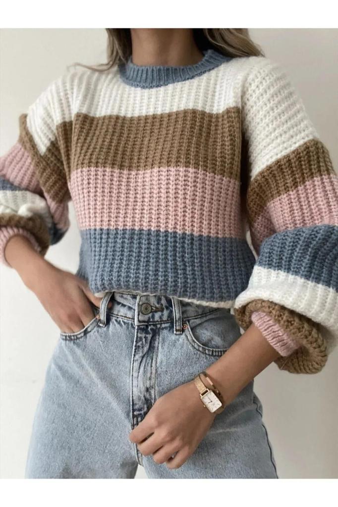 Manches Bouffantes Pull Avec Bloc De Couleur Mini Pull Rayé à Col