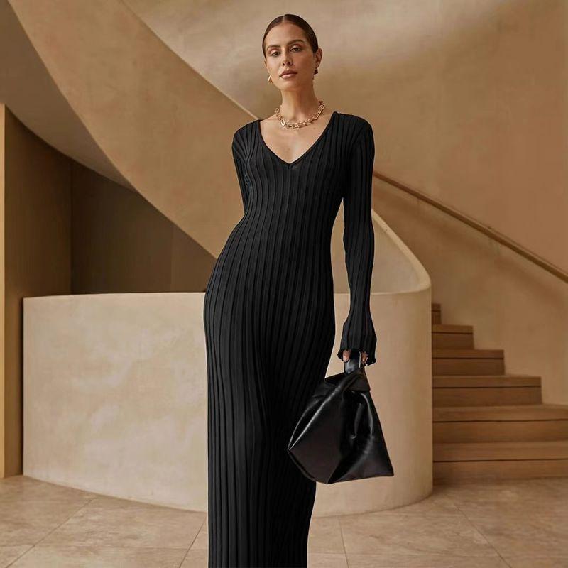 

Fashion New Arrival Casual Waist-Slimming Long Dress V Neck Big Pit Bar Knitting Dress Knitted V-neck Dress Black 2XL