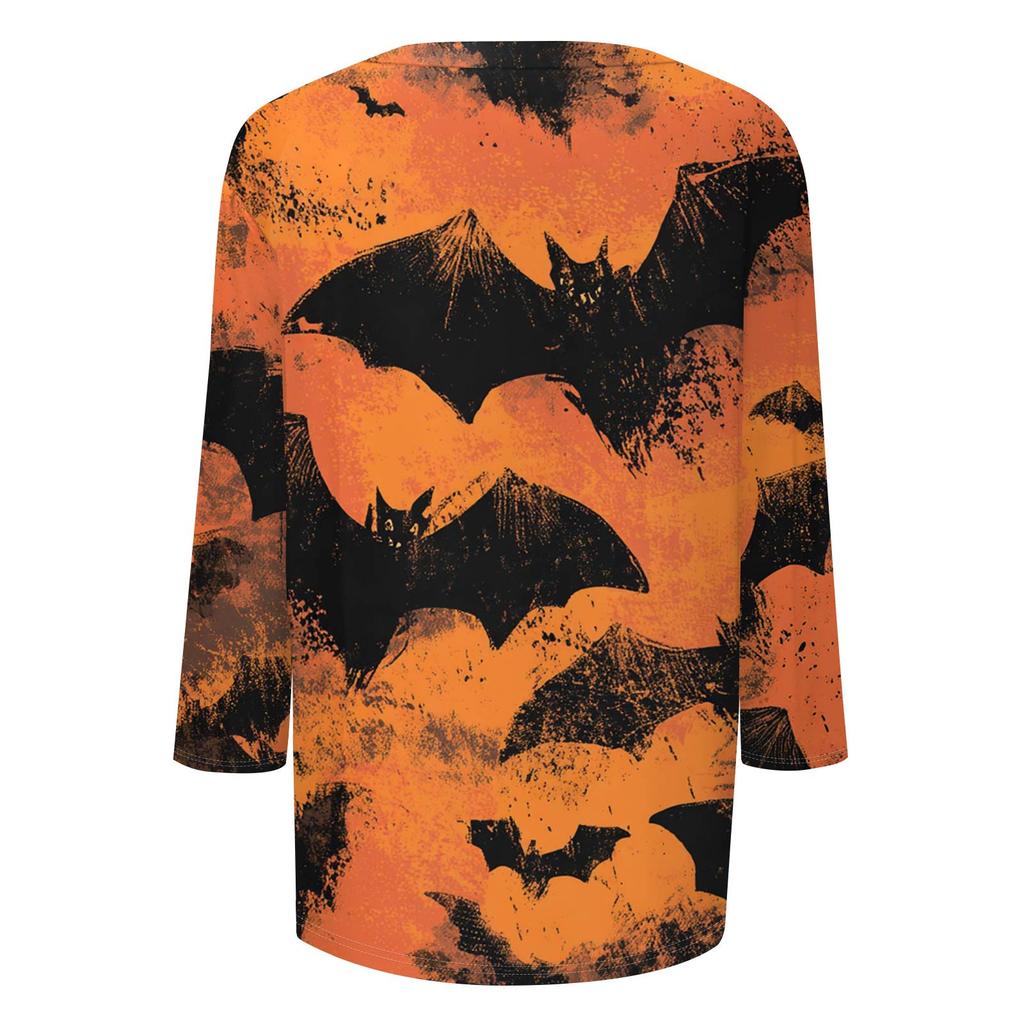 Modieuze casual damestop met driekwartmouwen en Halloweenprint, ronde hals.