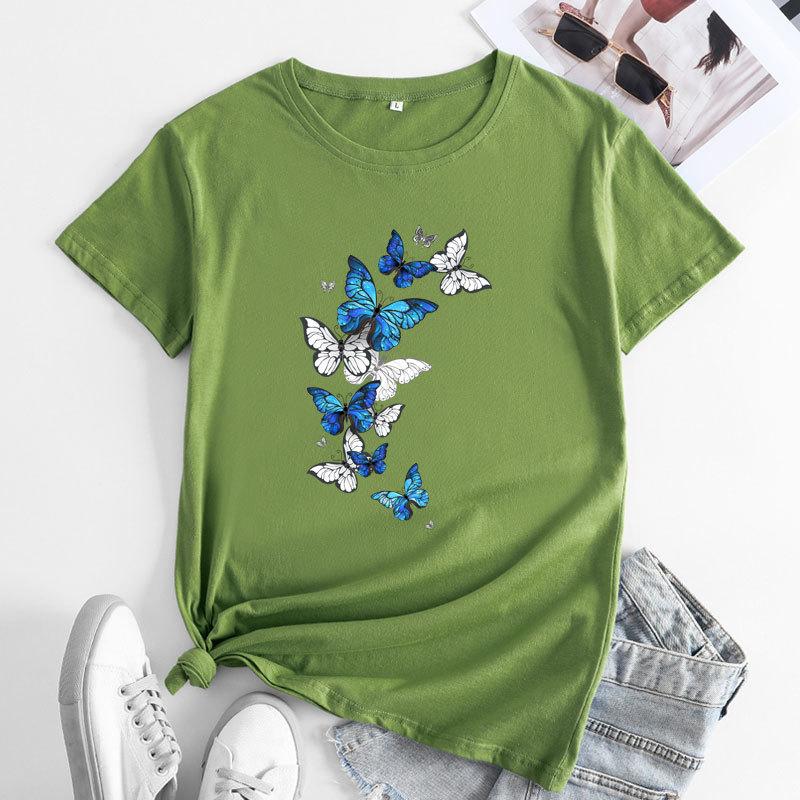 Summer Round Neck Fluttering Butterfly Pattern Printed Top Fashionable Casual Short Sleeved Women's Pure Cotton T-shirts