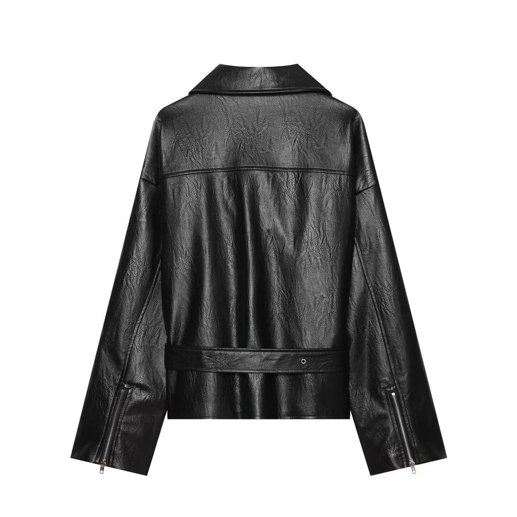 Autumn New European and American Style Lapel Lace-Up Commuter Leather Jacket