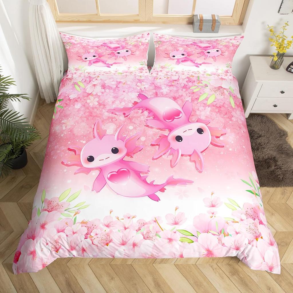 Cartoon Axolotl Bettbezug Queen Size, Sonnenblumen Bettwäscheset Niedliches Tier Botanisch Bettdeckenbezug Aquarell Gelb Steppdeckenbezug