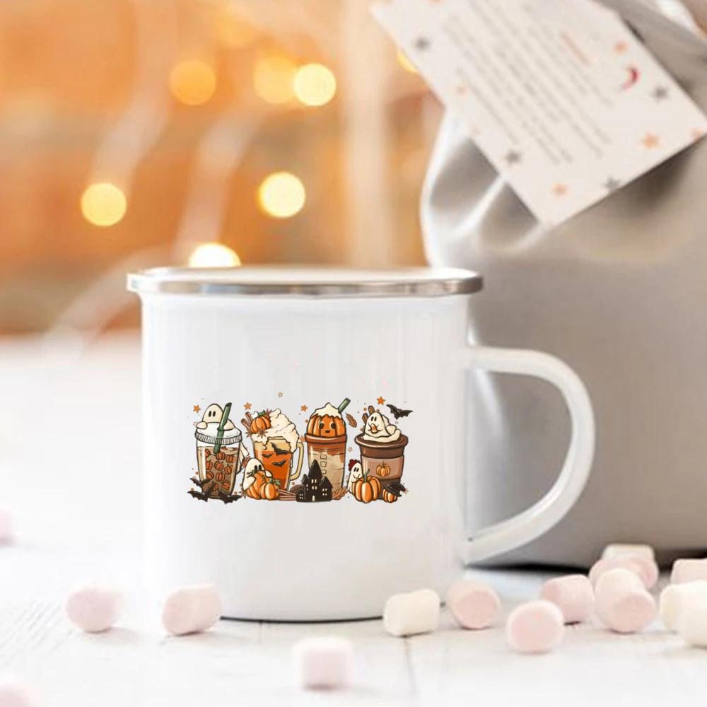 

Тыква, специи и все такое Милая эмалированная кружка Хэллоуин Кемпинг Кружка Осенний декор для дома Осенняя кофейная кружка Праздничные подарки для детей 360ml