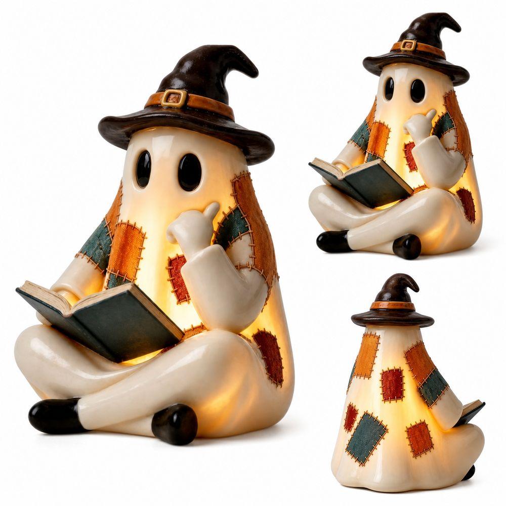 Resin Halloween Light Up Ghost Figurine Warm LED Light Battery Operated Halloween Ghost Figurine Patchwork Ghost Lamp