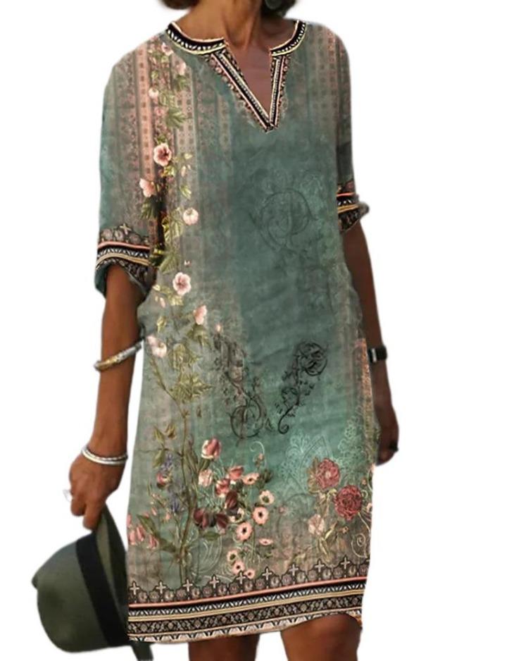 Women's Casual V-neck Printed Dress Ethnic Style Spring Summer