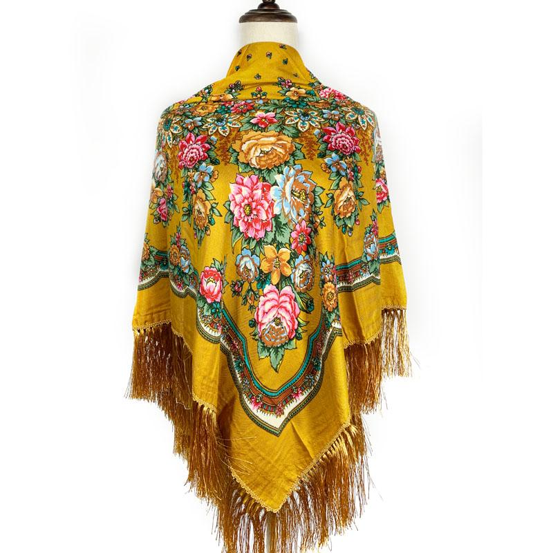 

140*140см Русский Квадратный Платок для Женщин Цветочный Принт Бандана Головные Платки Этнический Платок с Бахромой Русский Национальный Шаль