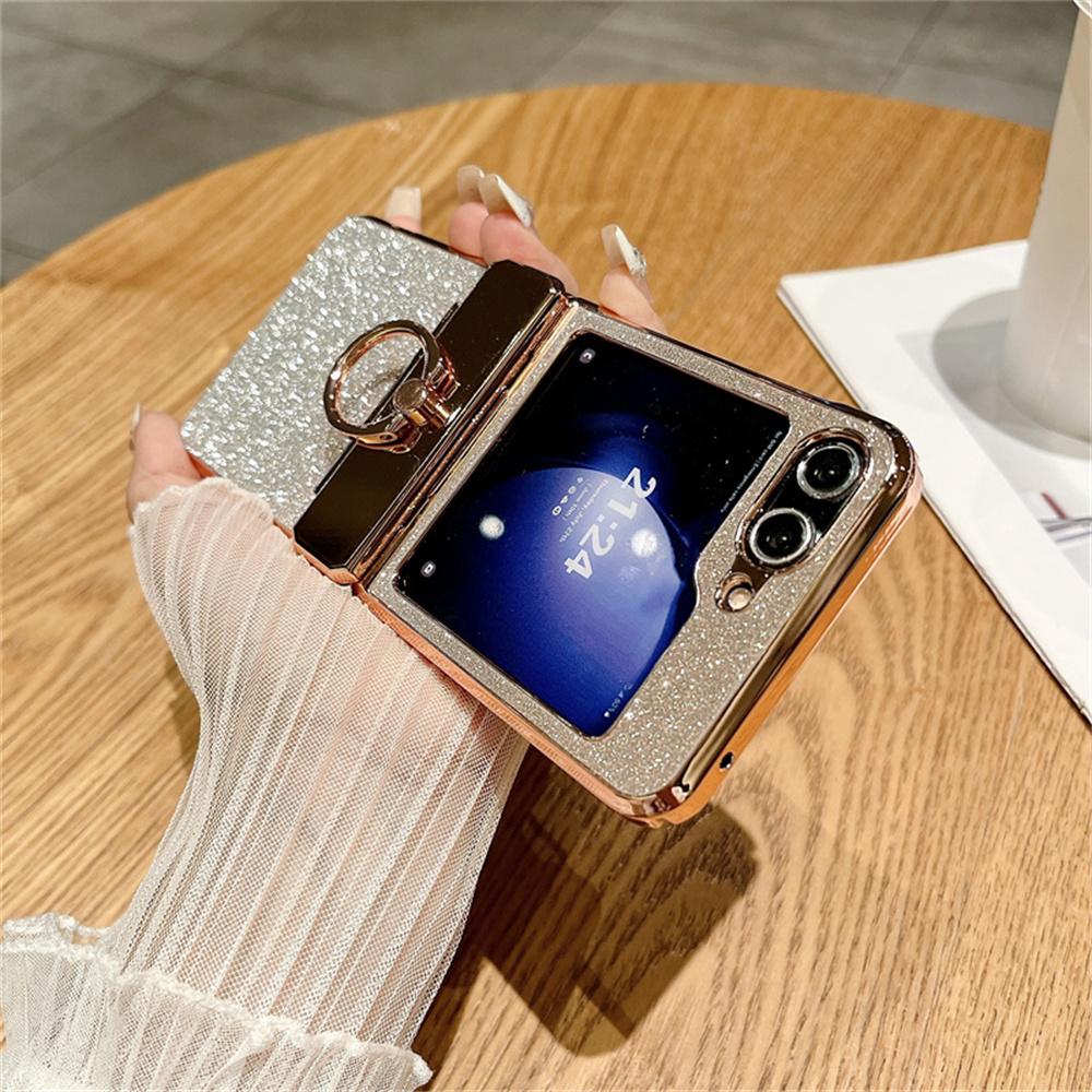Glitter Ring Holder Stand Case for Samsung Galaxy Z Flip 5 4 3 6 7 ZFlip 7 Flip5 Bracket Bling Diamond Gradient Plating Cover