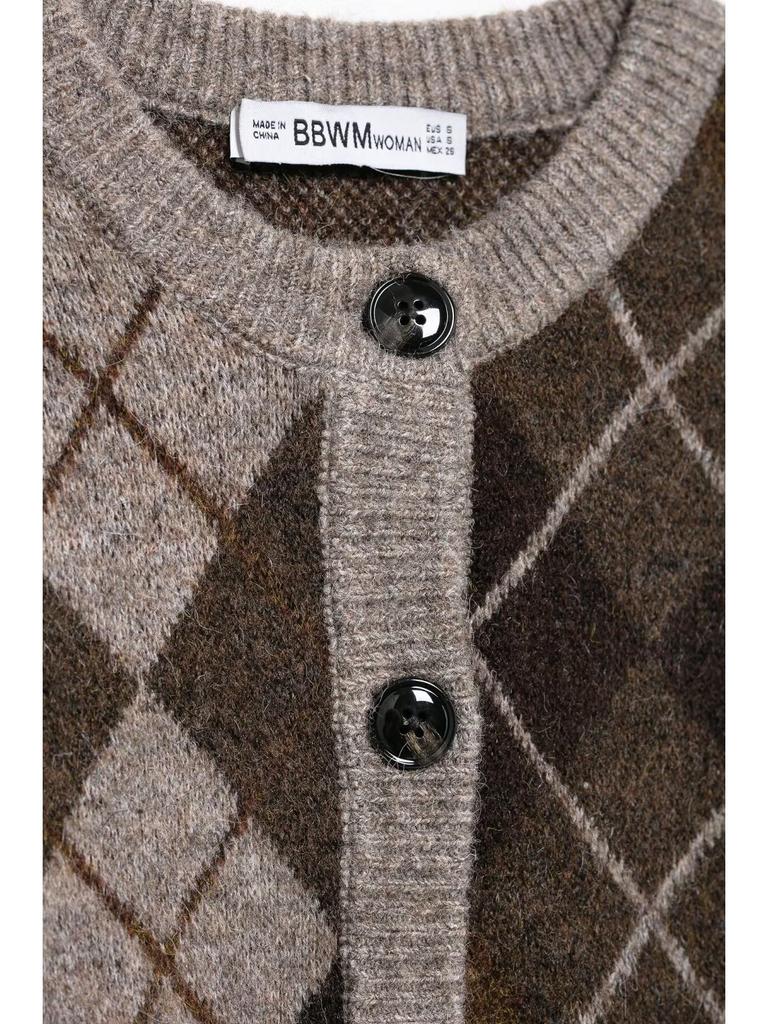 Retro Argyle Knit Cardigan - Women's Casual Long-Sleeve Sweater